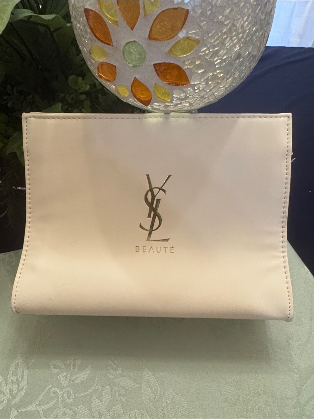 Yves Saint Laurent Beauté Cream Cosmetic Pouch with Gold YSL Logo
